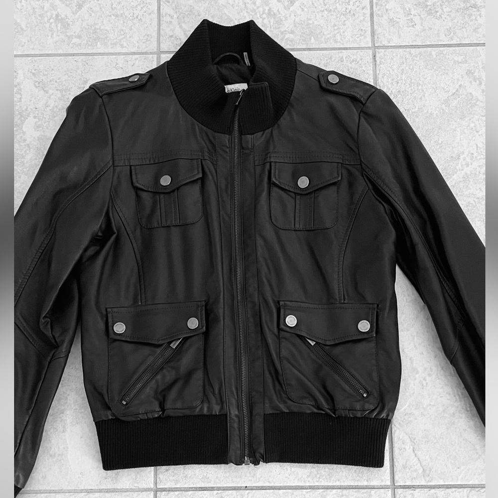Calvin Klein Black Faux Leather Bomber Jacket with Ribbed Trim